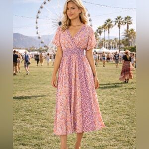 Lovestitch| Pink Paisley Midi Maxi Dress Smocked Waist Boho Festival Size L